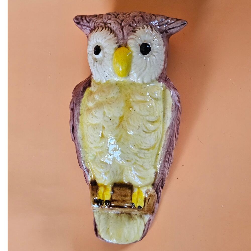 Vintage 50s MCM Ceramic Owl Wall Pocket Gloss Glaze 8in
